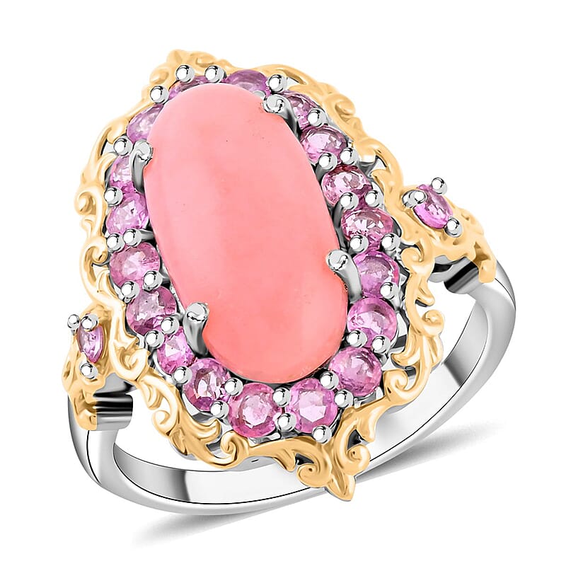Premium Peruvian Pink Opal and Madagascar Pink Sapphire 5.90 ctw Ring in Vermeil YG and Platinum Over Sterling Silver (Size 10.0)