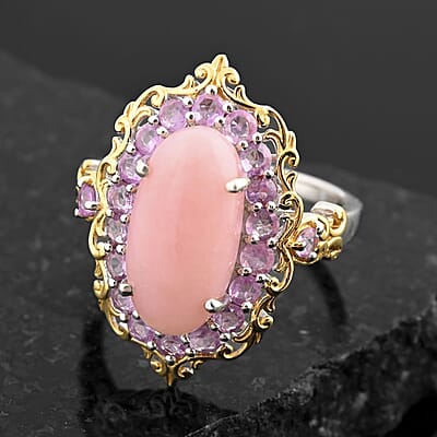 Premium Peruvian Pink Opal and Madagascar Pink Sapphire 5.90 ctw Ring in Vermeil YG and Platinum Over Sterling Silver (Size 10.0)