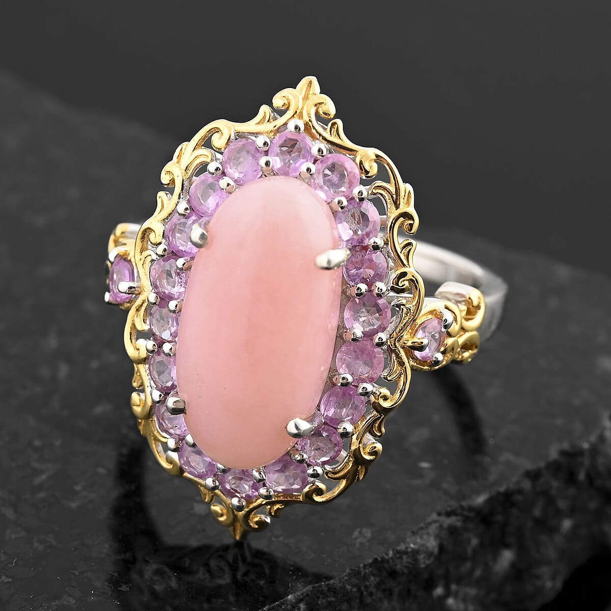 Premium Peruvian Pink Opal and Madagascar Pink Sapphire 5.90 ctw Ring in Vermeil YG and Platinum Over Sterling Silver (Size 7.0) image number 1