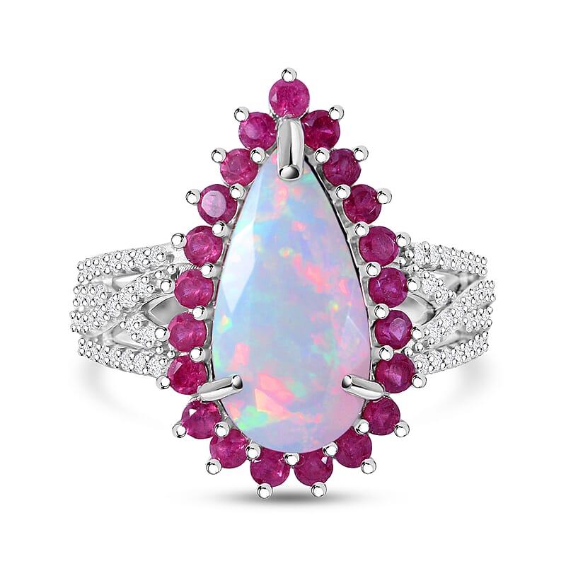 AAA Ethiopian Welo Opal, Niassa Ruby (FF) and White Zircon 4.00 ctw Halo Ring in Rhodium Over Sterling Silver (Size 10.0)