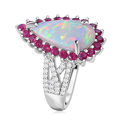 AAA Ethiopian Welo Opal, Niassa Ruby (FF) and White Zircon 4.00 ctw Halo Ring in Rhodium Over Sterling Silver (Size 10.0)