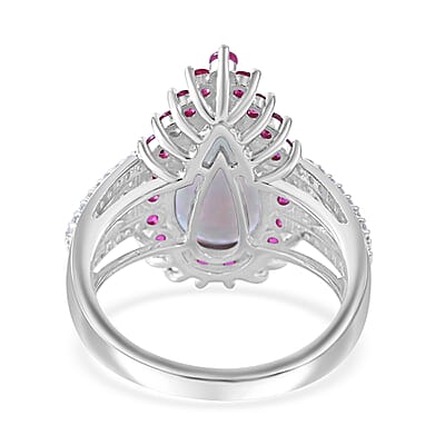 AAA Ethiopian Welo Opal, Niassa Ruby (FF) and White Zircon 4.00 ctw Halo Ring in Rhodium Over Sterling Silver (Size 10.0)