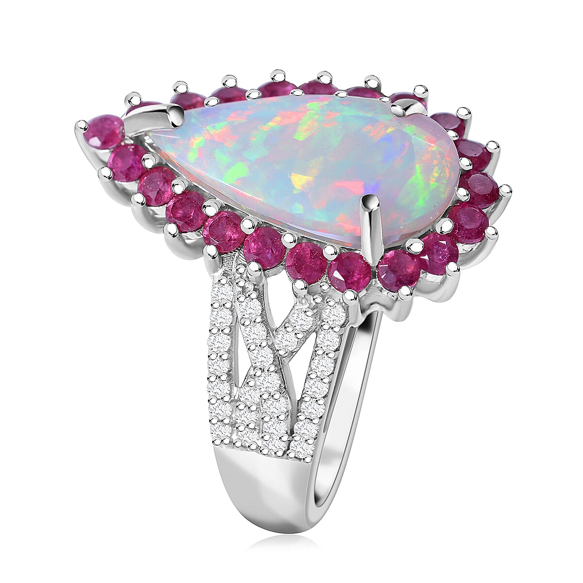 AAA Ethiopian Welo Opal, Niassa Ruby (FF) and White Zircon 4.00 ctw Halo Ring in Rhodium Over Sterling Silver (Size 6.0) image number 2