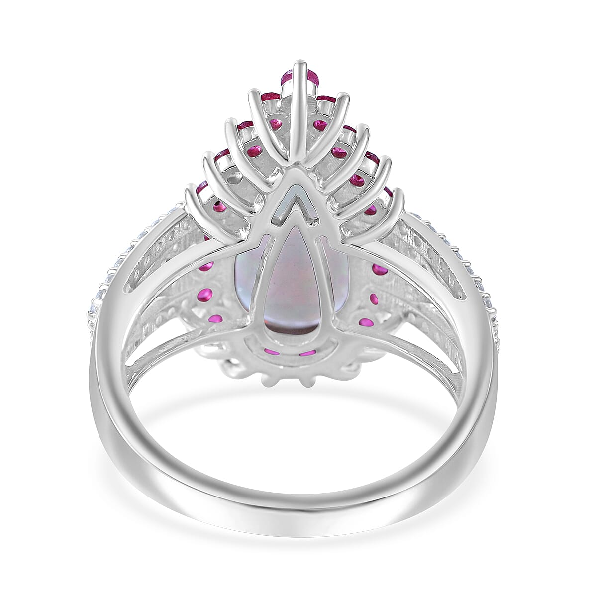 AAA Ethiopian Welo Opal, Niassa Ruby (FF) and White Zircon 4.00 ctw Halo Ring in Rhodium Over Sterling Silver (Size 6.0) image number 3