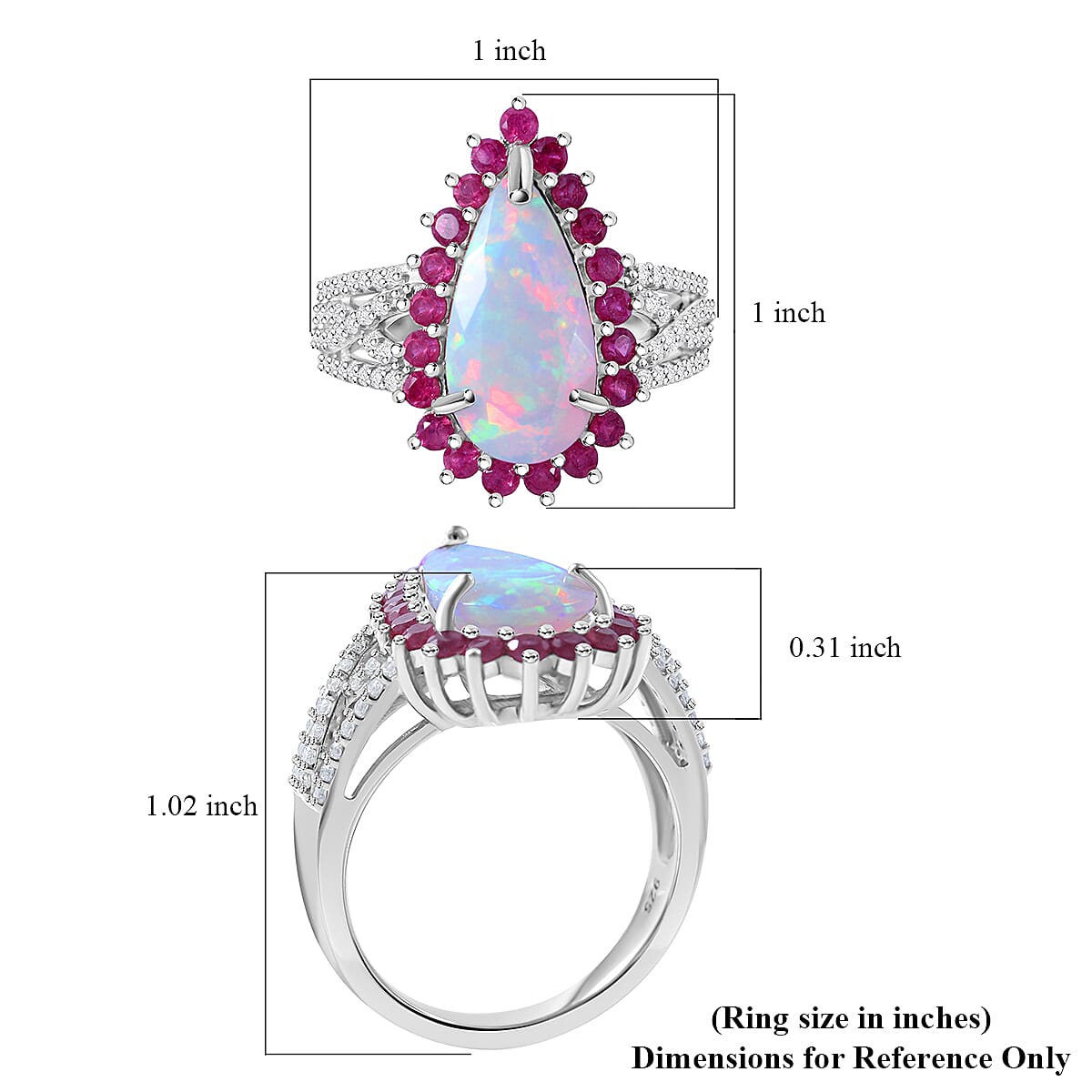 AAA Ethiopian Welo Opal, Niassa Ruby (FF) and White Zircon 4.00 ctw Halo Ring in Rhodium Over Sterling Silver (Size 6.0) image number 4