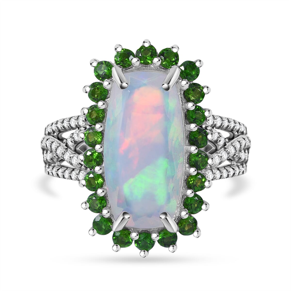 AAA Ethiopian Welo Opal and Multi Gemstone 4.50 ctw Halo Ring in Rhodium Over Sterling Silver (Size 6.0) image number 0