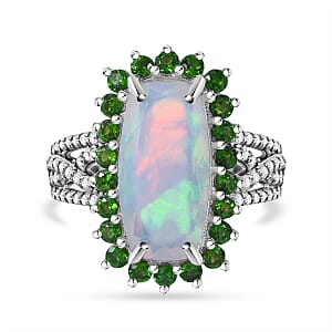 AAA Ethiopian Welo Opal and Multi Gemstone 4.50 ctw Halo Ring in Rhodium Over Sterling Silver (Size 7.0)