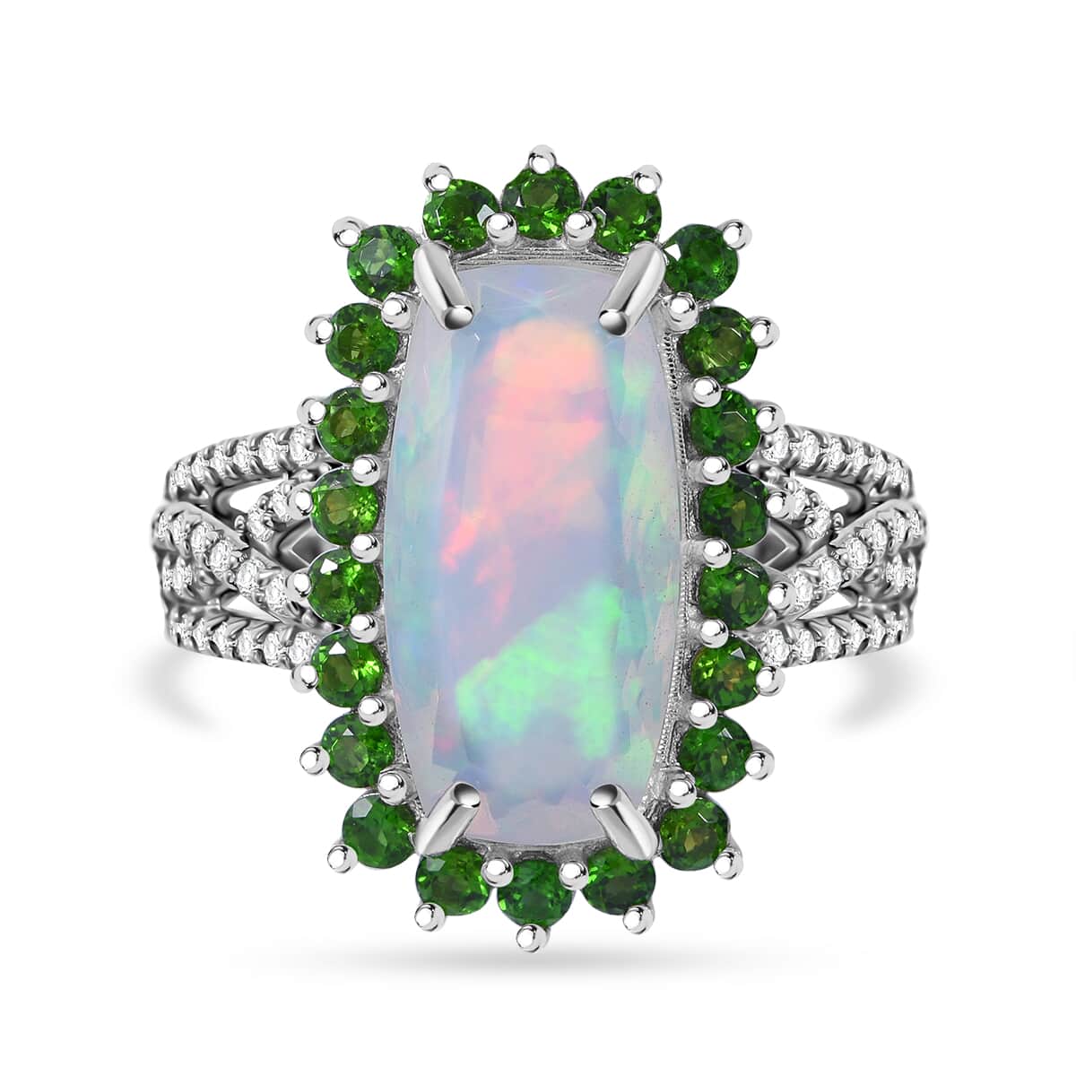 AAA Ethiopian Welo Opal and Multi Gemstone 4.50 ctw Halo Ring in Rhodium Over Sterling Silver (Size 8.0) image number 0