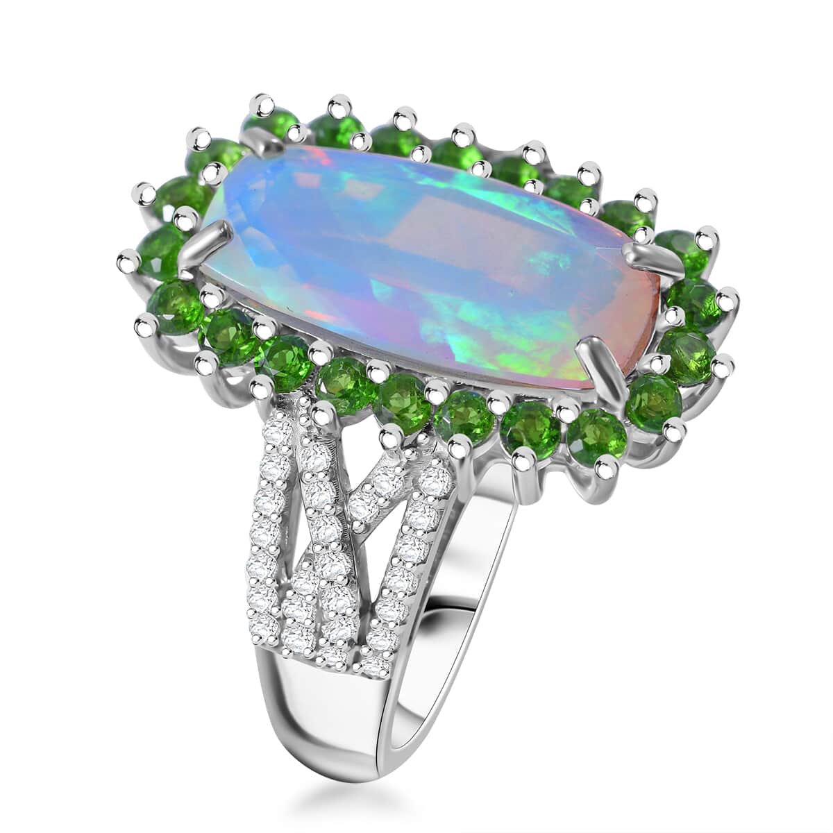 AAA Ethiopian Welo Opal and Multi Gemstone 4.50 ctw Halo Ring in Rhodium Over Sterling Silver (Size 8.0) image number 2