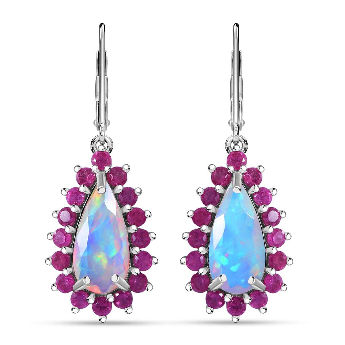 AAA Ethiopian Welo Opal and Niassa Ruby (FF) 5.30 ctw Lever Back Earrings in Rhodium Over Sterling Silver image number 0