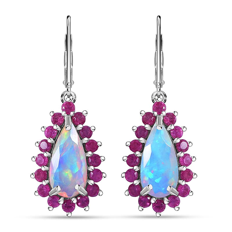 AAA Ethiopian Welo Opal and Niassa Ruby (FF) 5.30 ctw Lever Back Earrings in Rhodium Over Sterling Silver