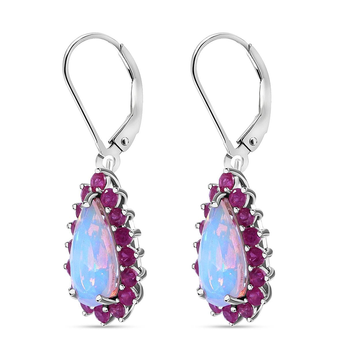 AAA Ethiopian Welo Opal and Niassa Ruby (FF) 5.30 ctw Lever Back Earrings in Rhodium Over Sterling Silver
