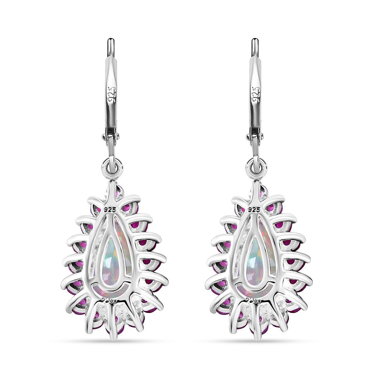 AAA Ethiopian Welo Opal and Niassa Ruby (FF) 5.30 ctw Lever Back Earrings in Rhodium Over Sterling Silver