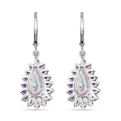 AAA Ethiopian Welo Opal and Niassa Ruby (FF) 5.30 ctw Lever Back Earrings in Rhodium Over Sterling Silver