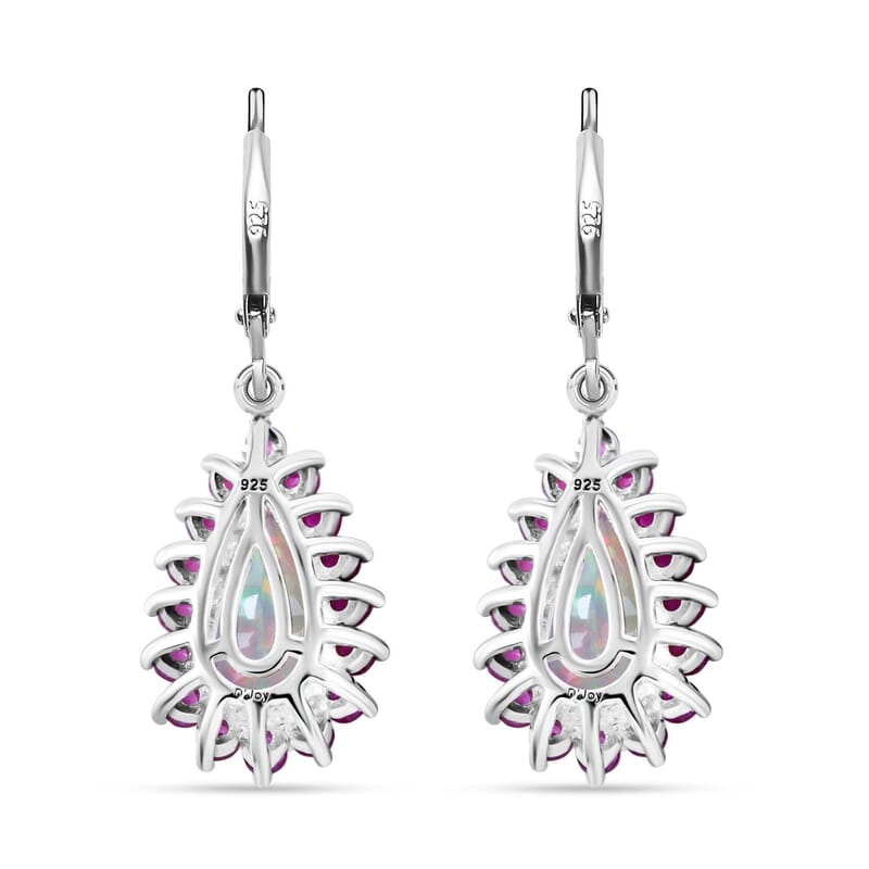 AAA Ethiopian Welo Opal and Niassa Ruby (FF) 5.30 ctw Lever Back Earrings in Rhodium Over Sterling Silver