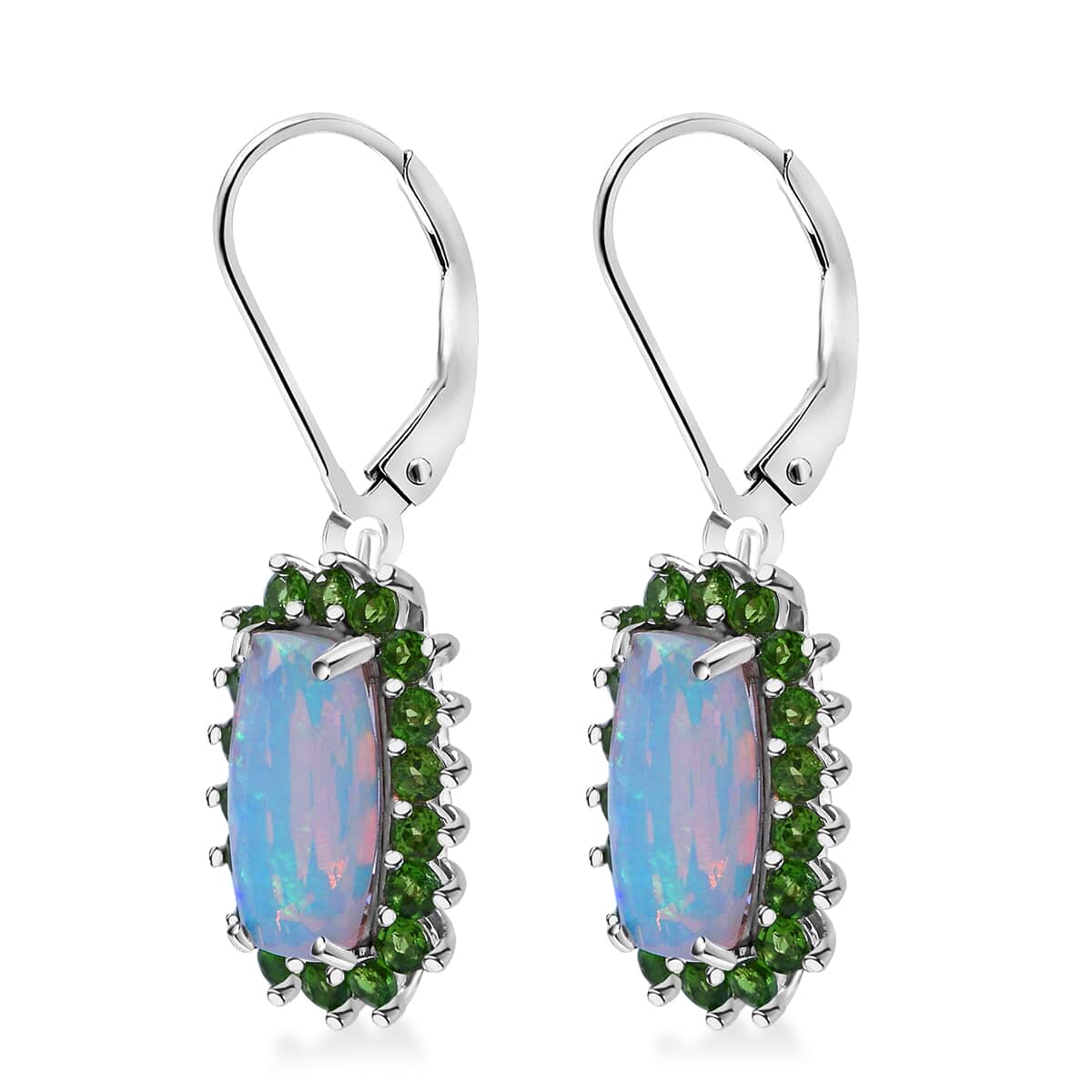 AAA Ethiopian Welo Opal and Chrome Diopside 4.75 ctw Lever Back Earrings in Rhodium Over Sterling Silver image number 2