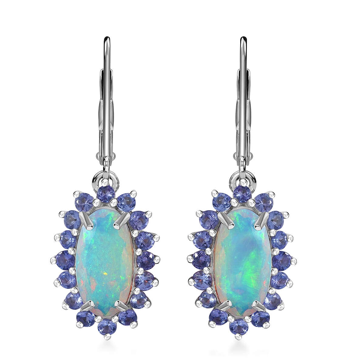 AAA Ethiopian Welo Opal and Tanzanite 4.00 ctw Lever Back Earrings in Rhodium Over Sterling Silver image number 0