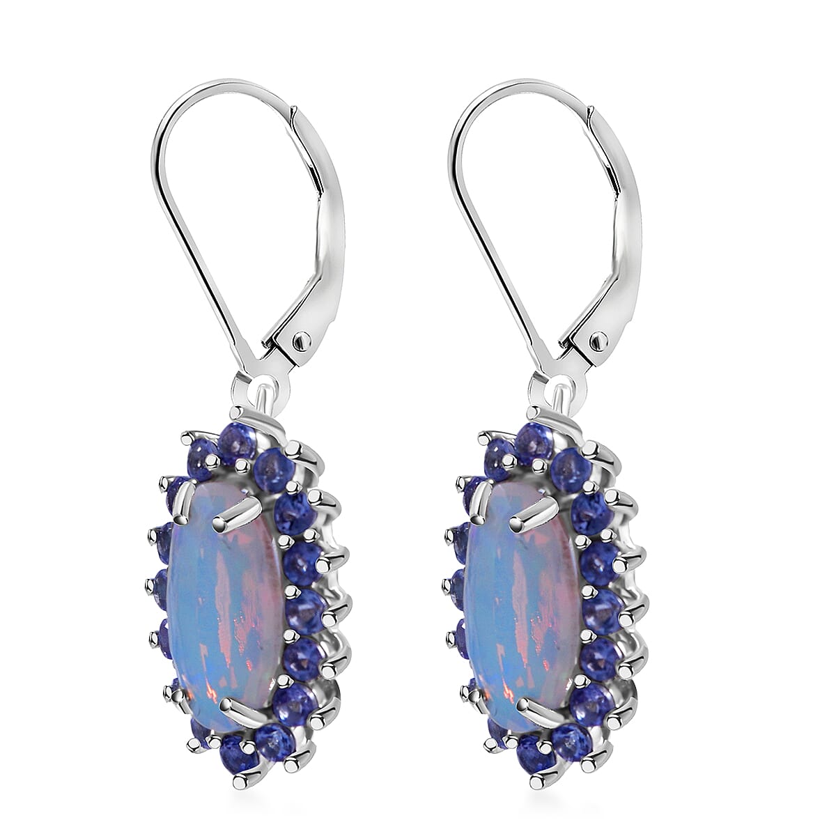 AAA Ethiopian Welo Opal and Tanzanite 4.00 ctw Lever Back Earrings in Rhodium Over Sterling Silver image number 2