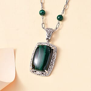 EverTrue African Malachite 69.80 ctw Necklace in Platinum Over Copper with Magnet 18-20 Inches