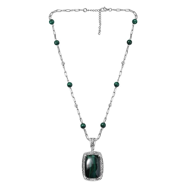 EverTrue African Malachite 69.80 ctw Necklace in Platinum Over Copper with Magnet 18-20 Inches