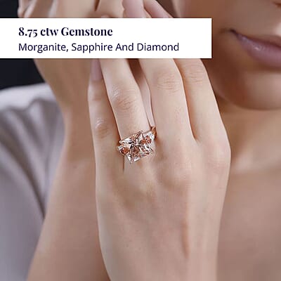 Luxoro AAA Marropino Morganite, Padparadscha Sapphire (BT) and G-H I2 Diamond 8.75 ctw Lotus Ring in 14K Rose Gold (Size 6.0)
