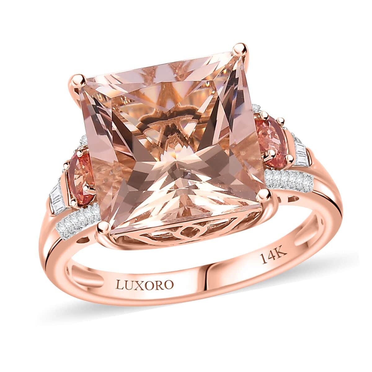 Luxoro AAA Marropino Morganite, Padparadscha Sapphire (Bery 7.0) and G-H I2 Diamond 8.75 ctw Lotus Ring in 14K Rose Gold (Size 6.0) image number 0