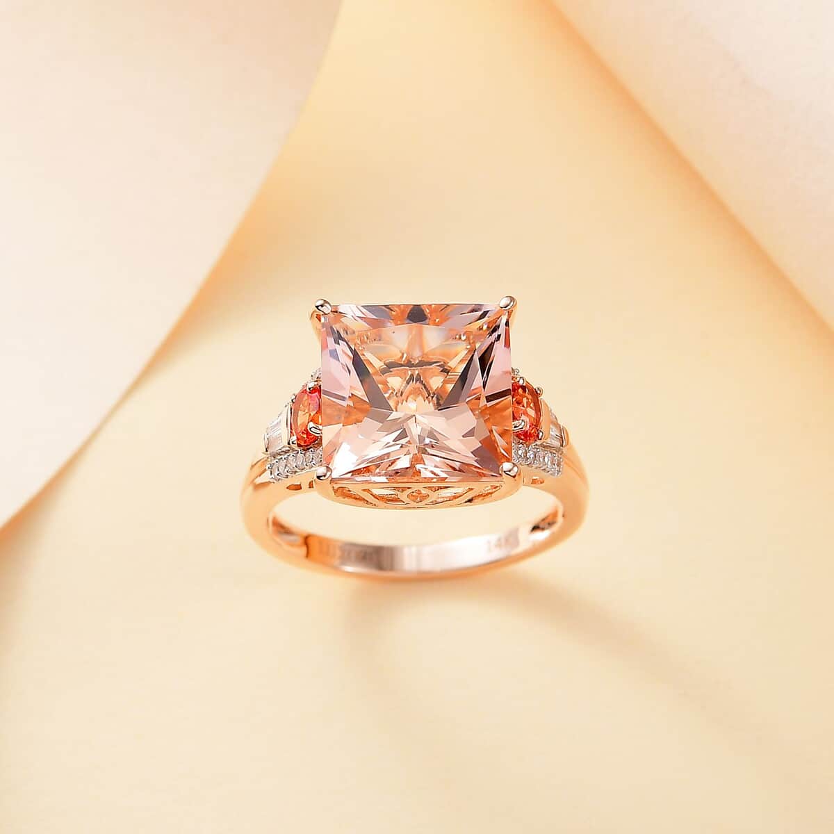 Luxoro AAA Marropino Morganite, Padparadscha Sapphire (Bery 7.0) and G-H I2 Diamond 8.75 ctw Lotus Ring in 14K Rose Gold (Size 6.0) image number 1