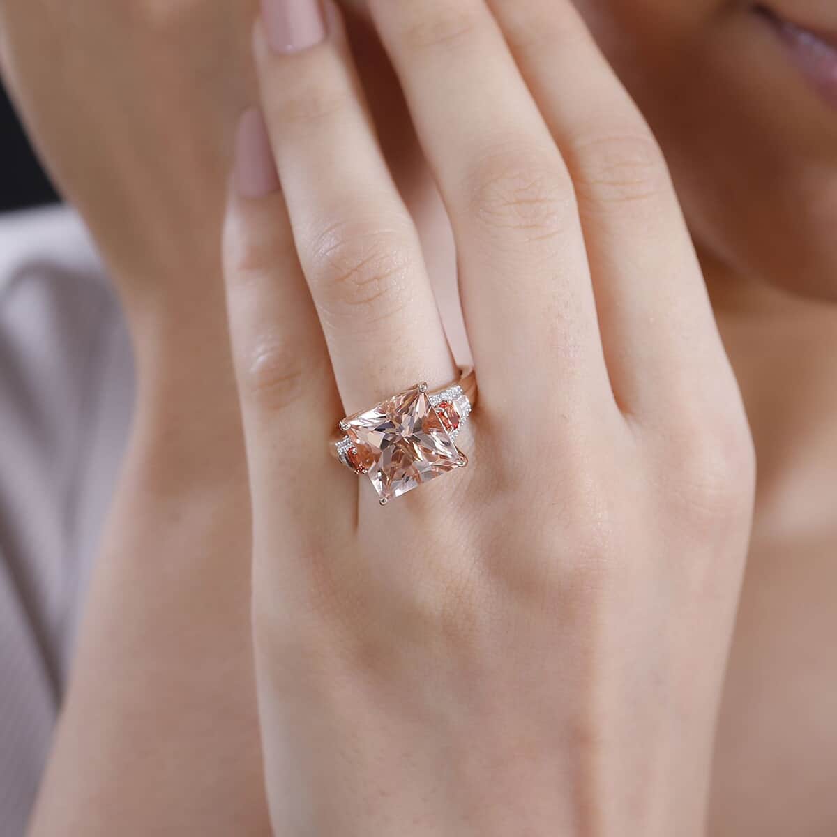 Luxoro AAA Marropino Morganite, Padparadscha Sapphire (Bery 7.0) and G-H I2 Diamond 8.75 ctw Lotus Ring in 14K Rose Gold (Size 6.0) image number 2