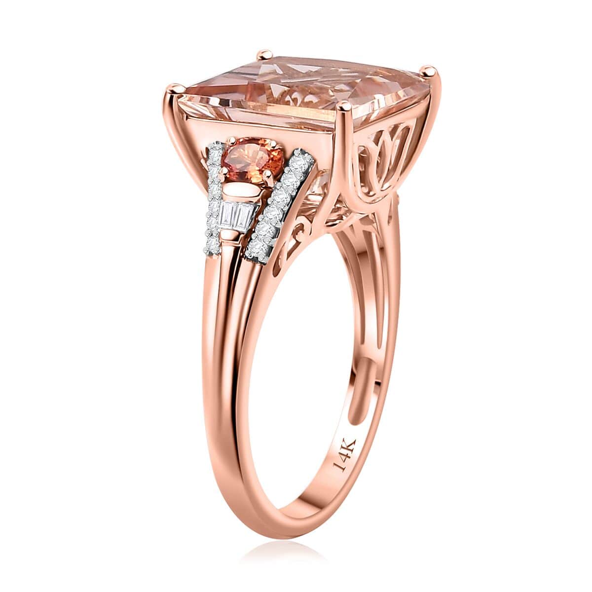 Luxoro AAA Marropino Morganite, Padparadscha Sapphire (Bery 7.0) and G-H I2 Diamond 8.75 ctw Lotus Ring in 14K Rose Gold (Size 6.0) image number 3