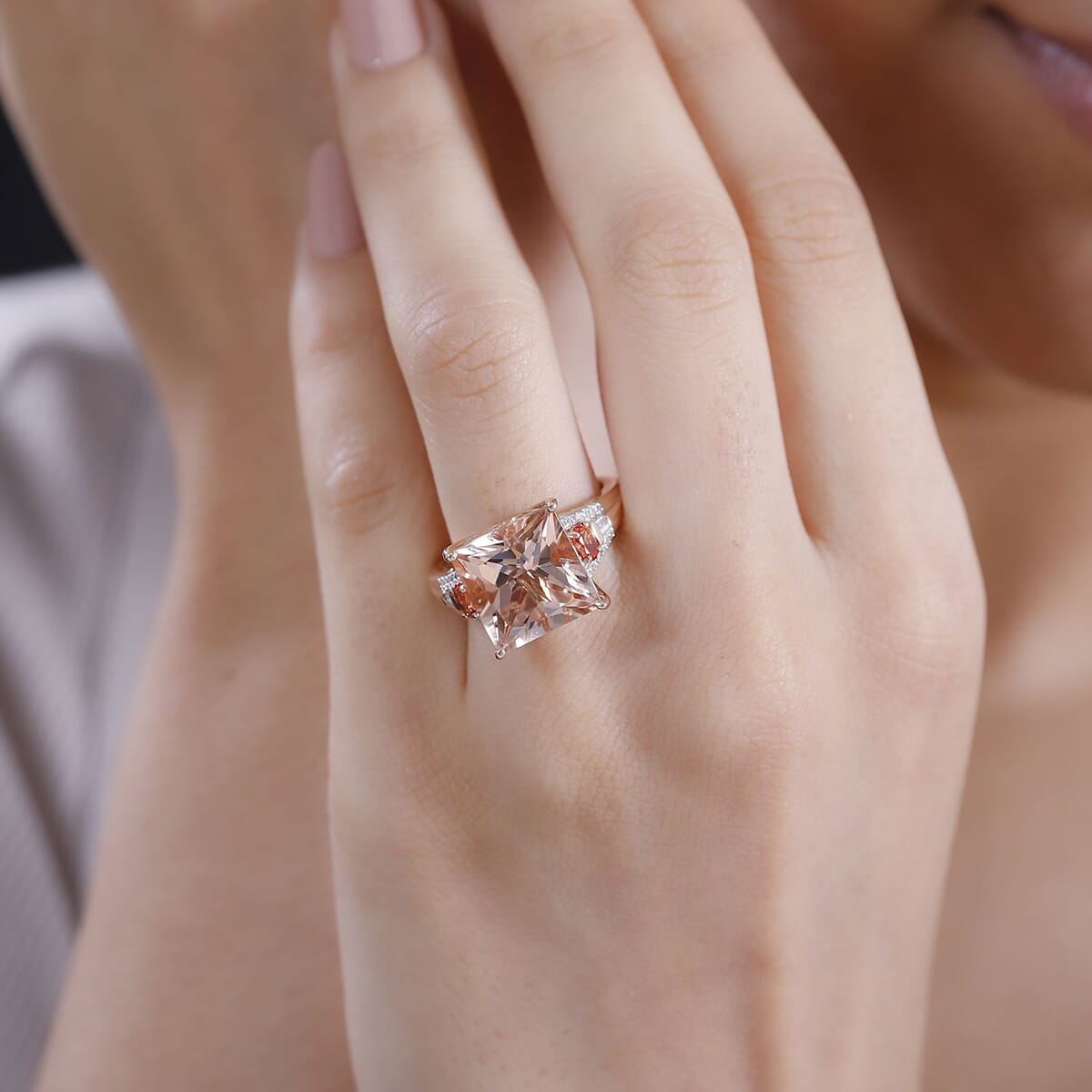 Luxoro AAA Marropino Morganite, Padparadscha Sapphire (BT) and G-H I2 Diamond 8.75 ctw Lotus Ring in 14K Rose Gold (Size 8.0) image number 2