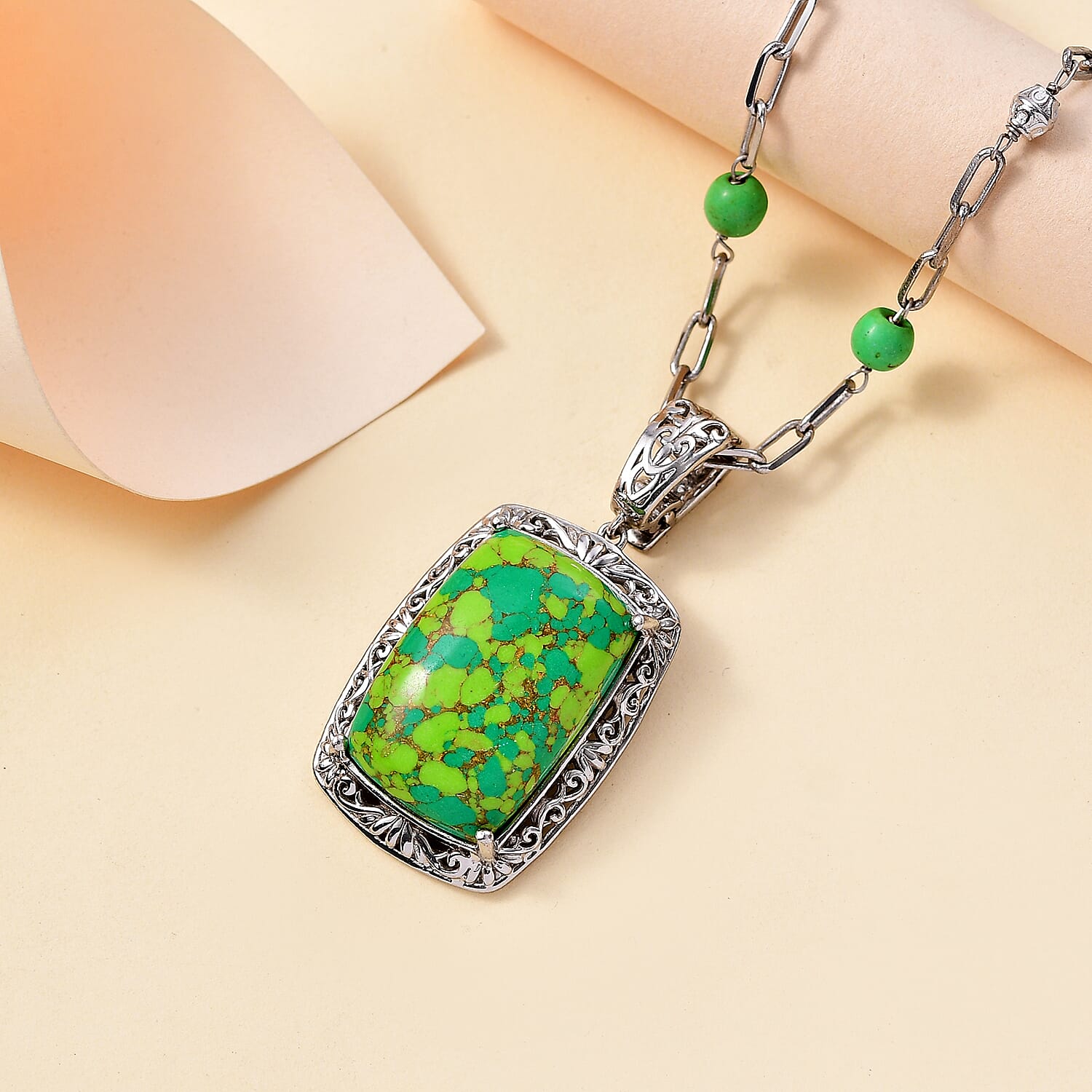 Mojave Green Turquoise 44.65 ctw Fancy Necklace in Platinum Over Copper 18 Inches