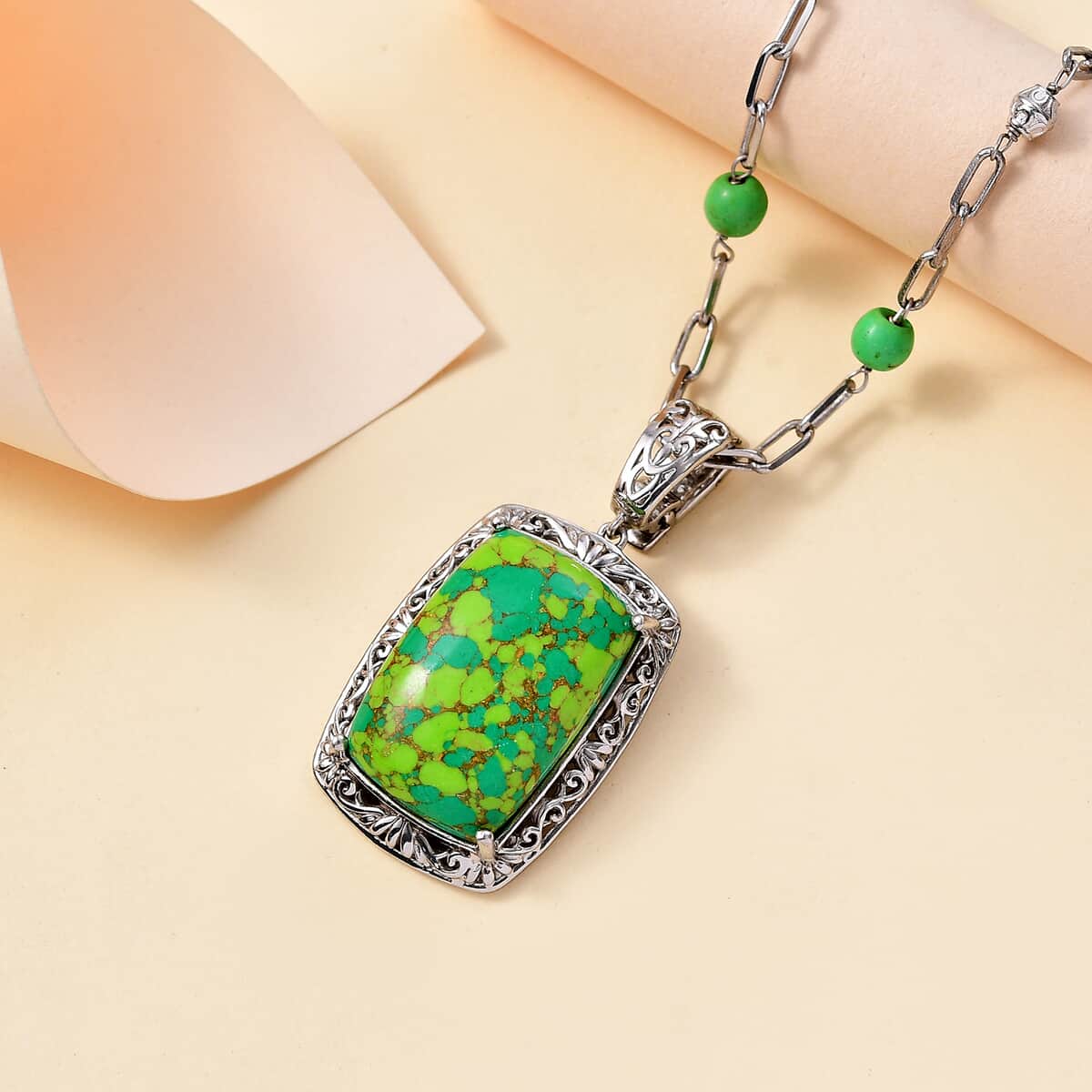 Green Turquoise 44.65 ctw Fancy Necklace in Platinum Over Copper 18 Inches image number 1