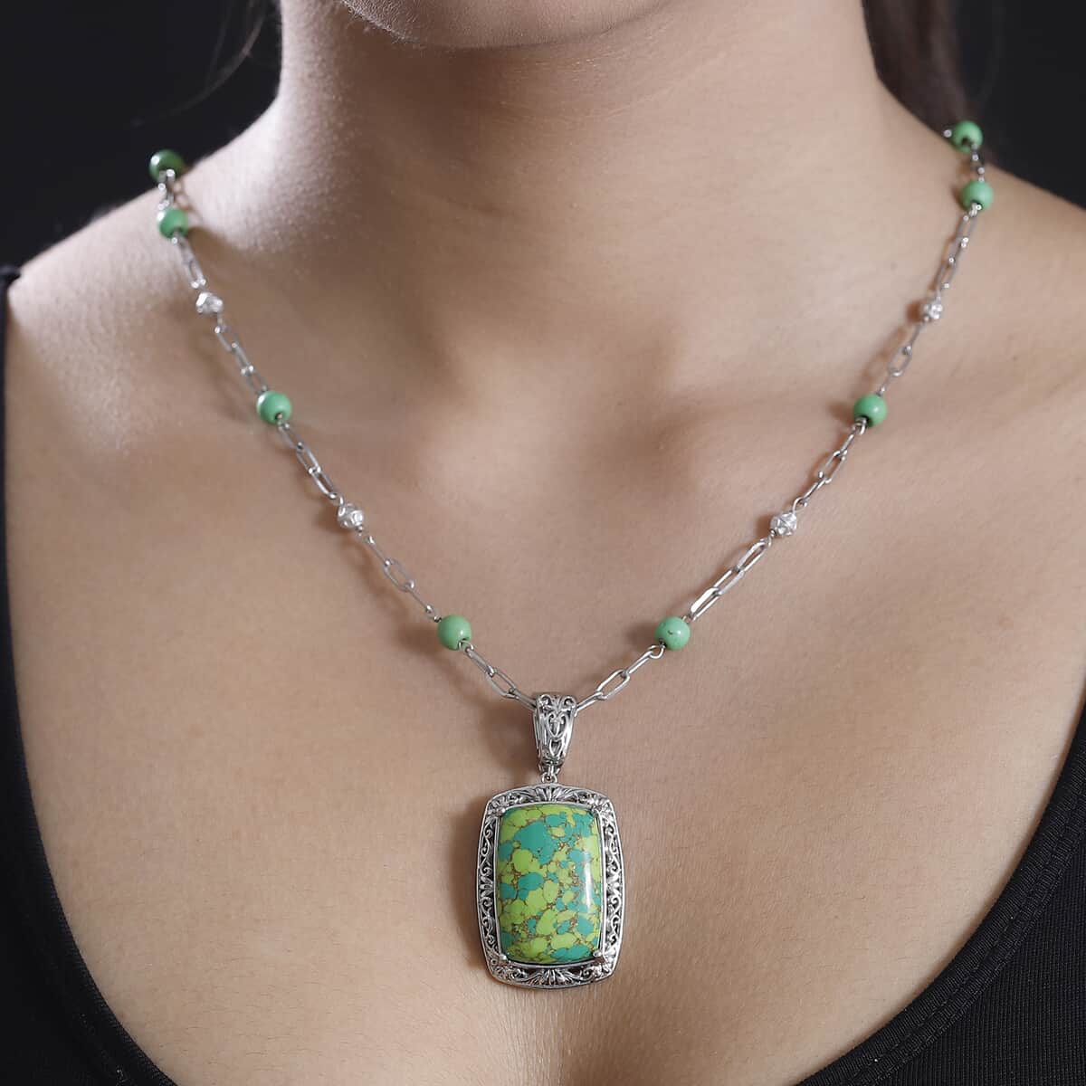 Green Turquoise 44.65 ctw Fancy Necklace in Platinum Over Copper 18 Inches image number 2