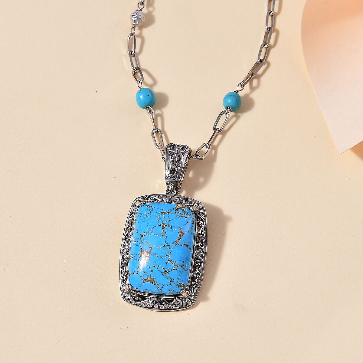 EverTrue Mojave Blue Turquoise 40.20 ctw Necklace in Platinum Over Copper with Magnet 18-20 Inches image number 1