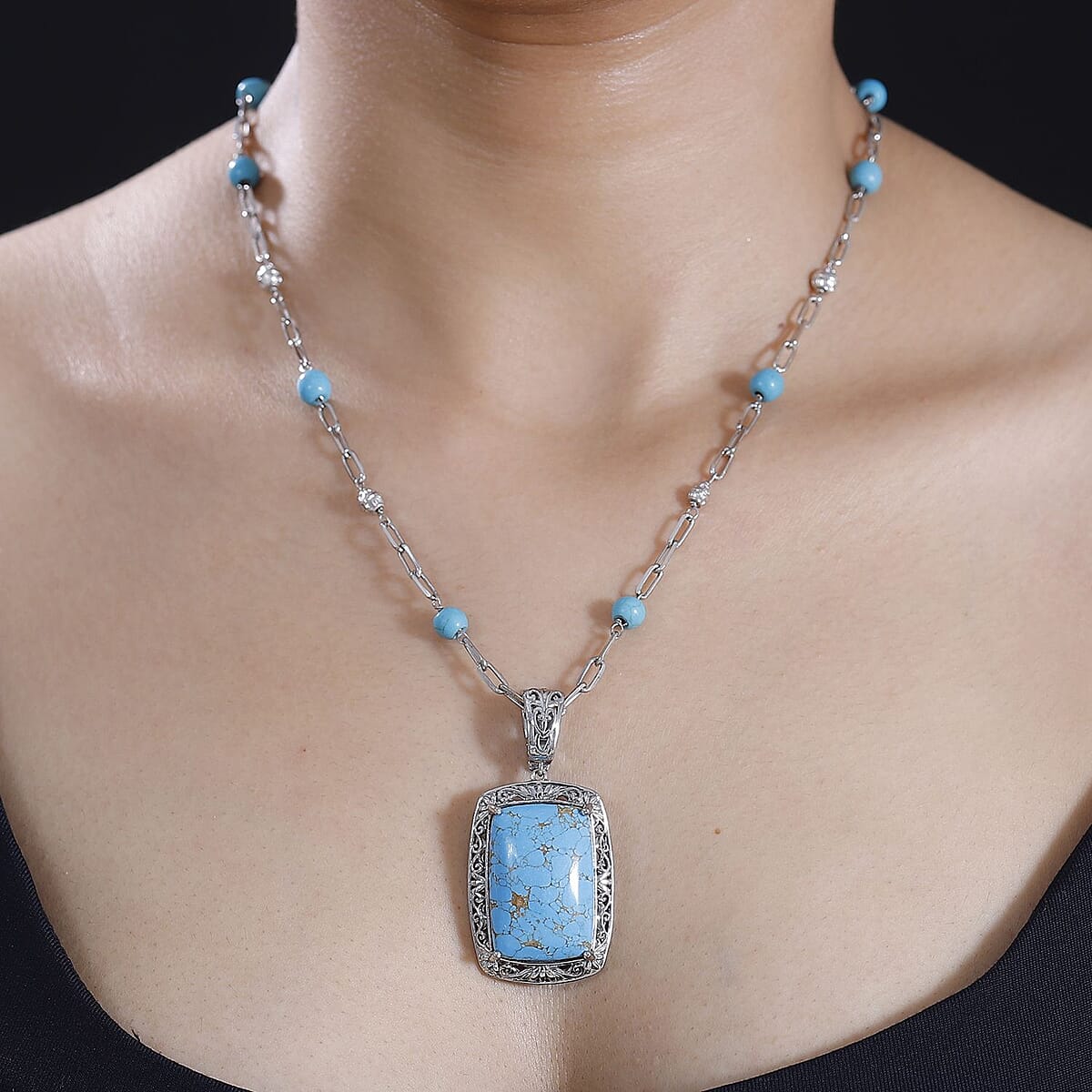 EverTrue Mojave Blue Turquoise 40.20 ctw Necklace in Platinum Over Copper with Magnet 18-20 Inches image number 2