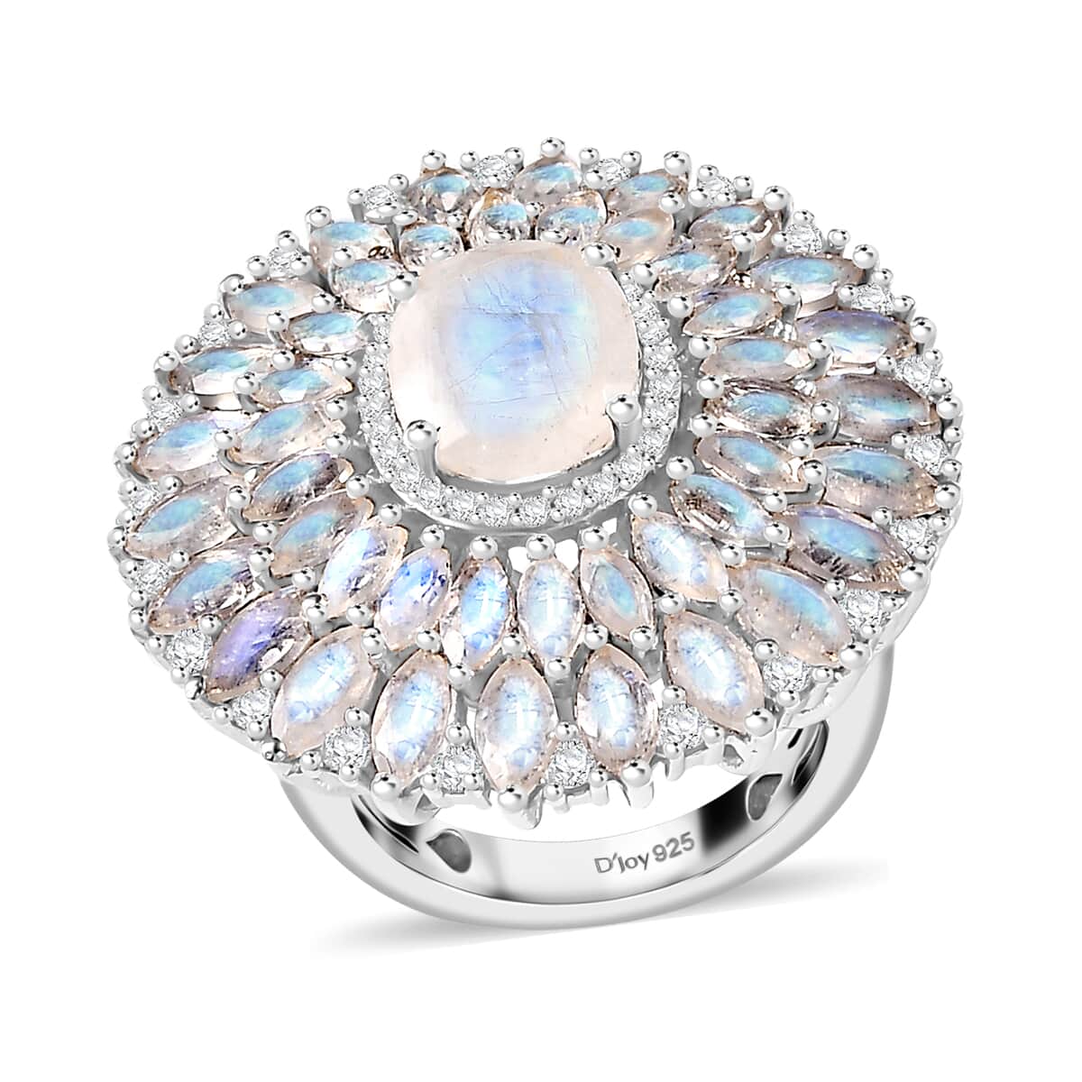 Premium Moon Glow Moonstone and Moissanite 7.75 ctw Moonlight Fountain Ring in Rhodium Over Sterling Silver (Size 10.0) image number 0