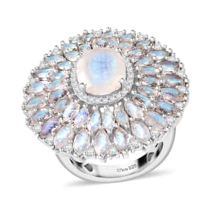 Premium Moon Glow Moonstone and Moissanite 7.75 ctw Moonlight Fountain Ring in Rhodium Over Sterling Silver (Size 10.0)