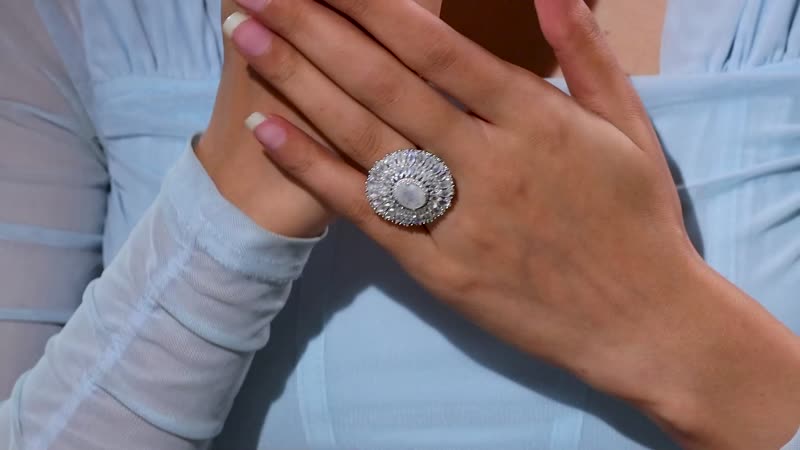 Premium Moon Glow Moonstone and Moissanite 7.75 ctw Ring in Rhodium Over Sterling Silver