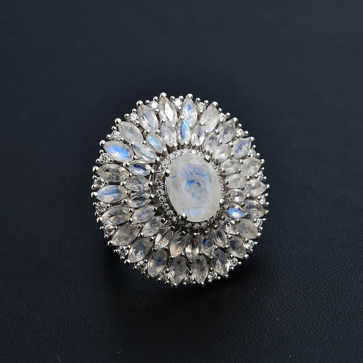 Premium Moon Glow Moonstone and Moissanite 7.75 ctw Ring in Rhodium Over Sterling Silver image number 2