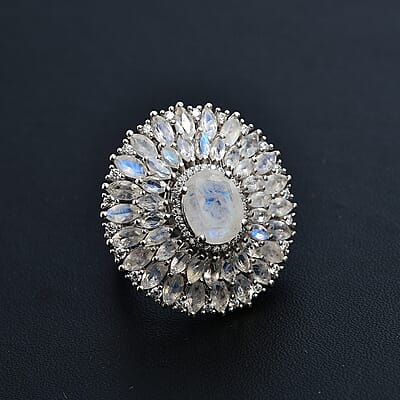 Premium Moon Glow Moonstone and Moissanite 7.75 ctw Moonlight Fountain Ring in Rhodium Over Sterling Silver (Size 10.0)