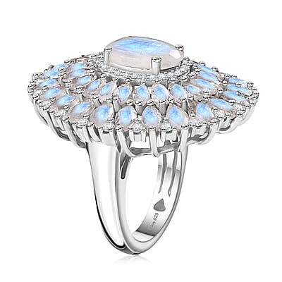 Premium Moon Glow Moonstone and Moissanite 7.75 ctw Moonlight Fountain Ring in Rhodium Over Sterling Silver (Size 10.0)