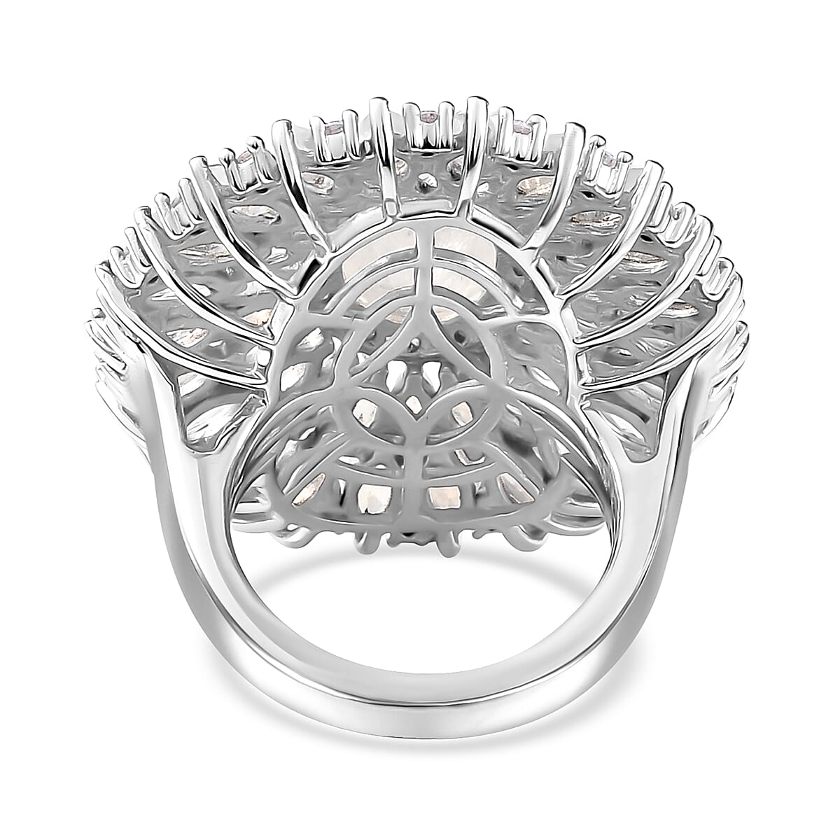 Premium Moon Glow Moonstone and Moissanite 7.75 ctw Moonlight Fountain Ring in Rhodium Over Sterling Silver (Size 10.0)