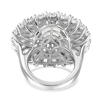 Premium Moon Glow Moonstone and Moissanite 7.75 ctw Moonlight Fountain Ring in Rhodium Over Sterling Silver (Size 10.0)