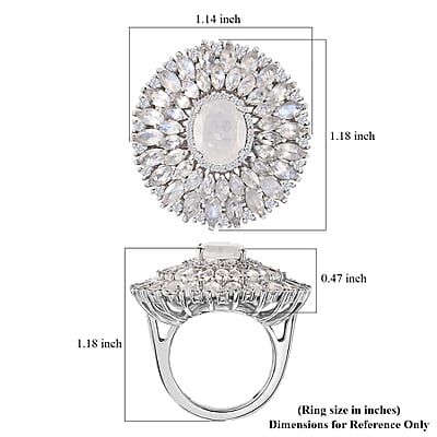 Premium Moon Glow Moonstone and Moissanite 7.75 ctw Moonlight Fountain Ring in Rhodium Over Sterling Silver (Size 10.0)