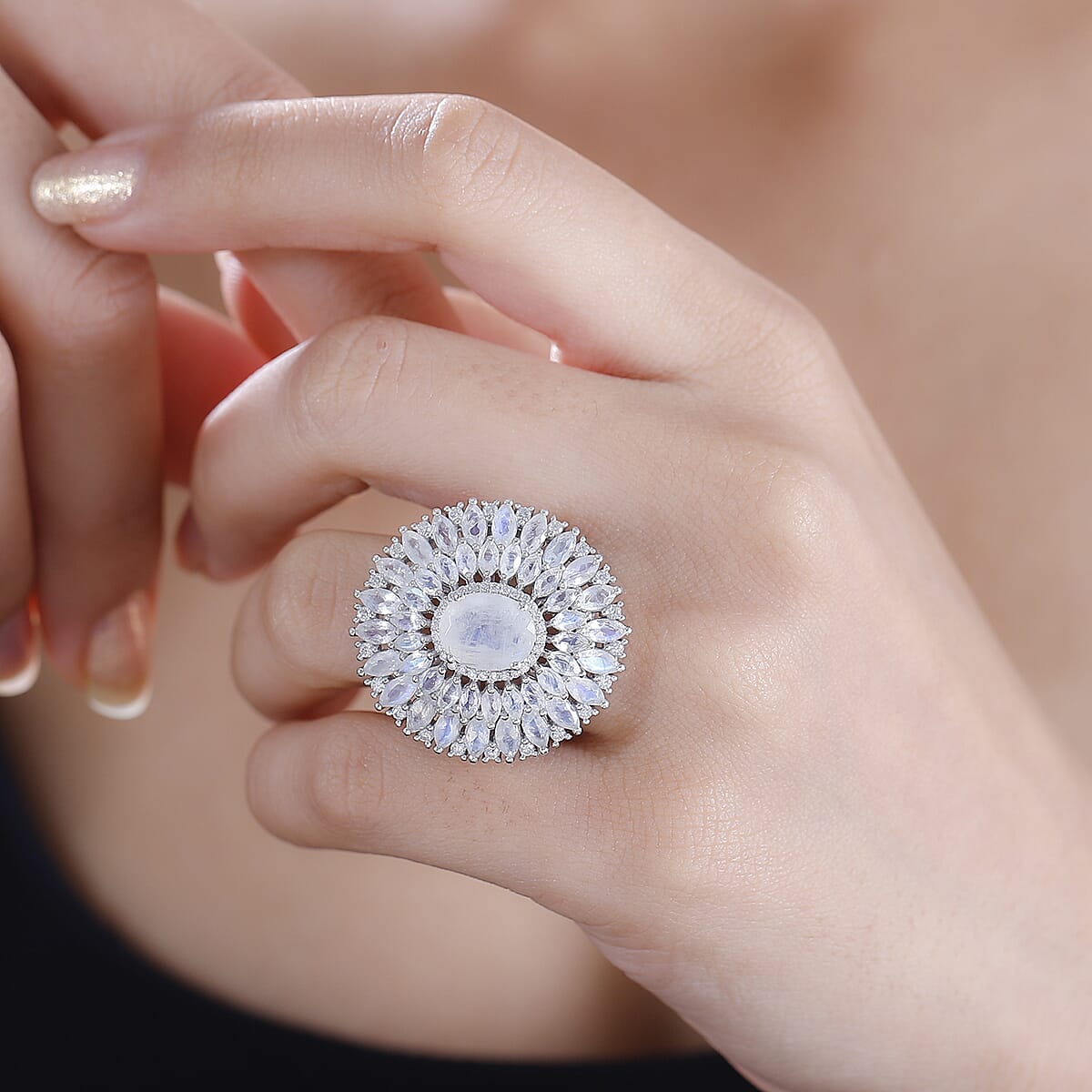 D'Joy Premium Moon Glow Moonstone and Moissanite 7.75 ctw Moonlight Fountain Ring in Rhodium Over Sterling Silver (Size 8.0) image number 3