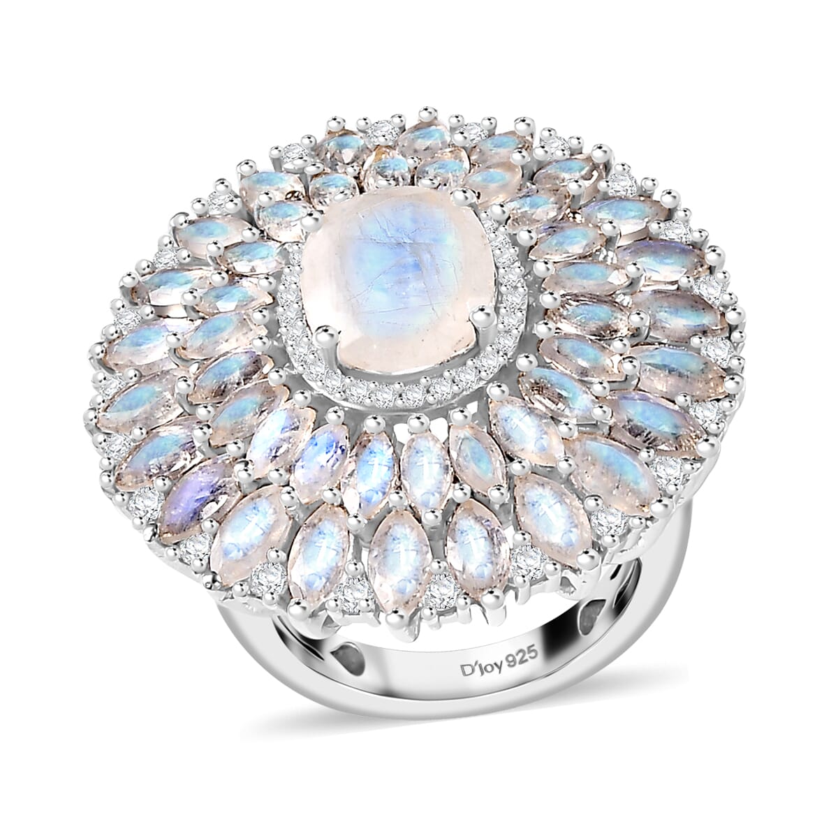 Premium Moon Glow Moonstone and Moissanite 7.75 ctw Moonlight Fountain Ring in Rhodium Over Sterling Silver (Size 9.0) image number 0