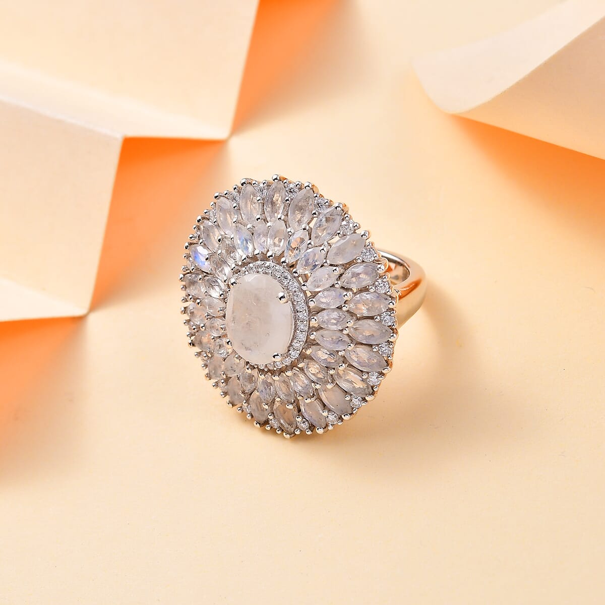 Premium Moon Glow Moonstone and Moissanite 7.75 ctw Moonlight Fountain Ring in Rhodium Over Sterling Silver (Size 9.0) image number 1