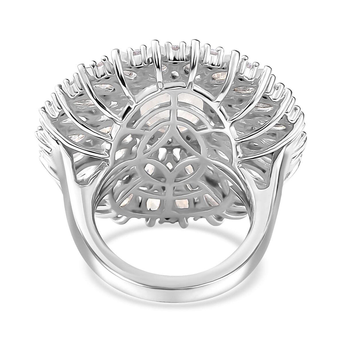 Premium Moon Glow Moonstone and Moissanite 7.75 ctw Moonlight Fountain Ring in Rhodium Over Sterling Silver (Size 9.0) image number 5