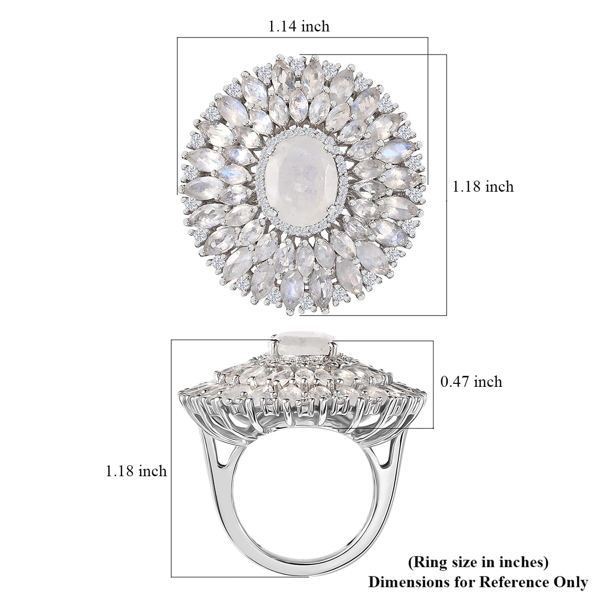 Premium Moon Glow Moonstone and Moissanite 7.75 ctw Moonlight Fountain Ring in Rhodium Over Sterling Silver (Size 9.0) image number 6