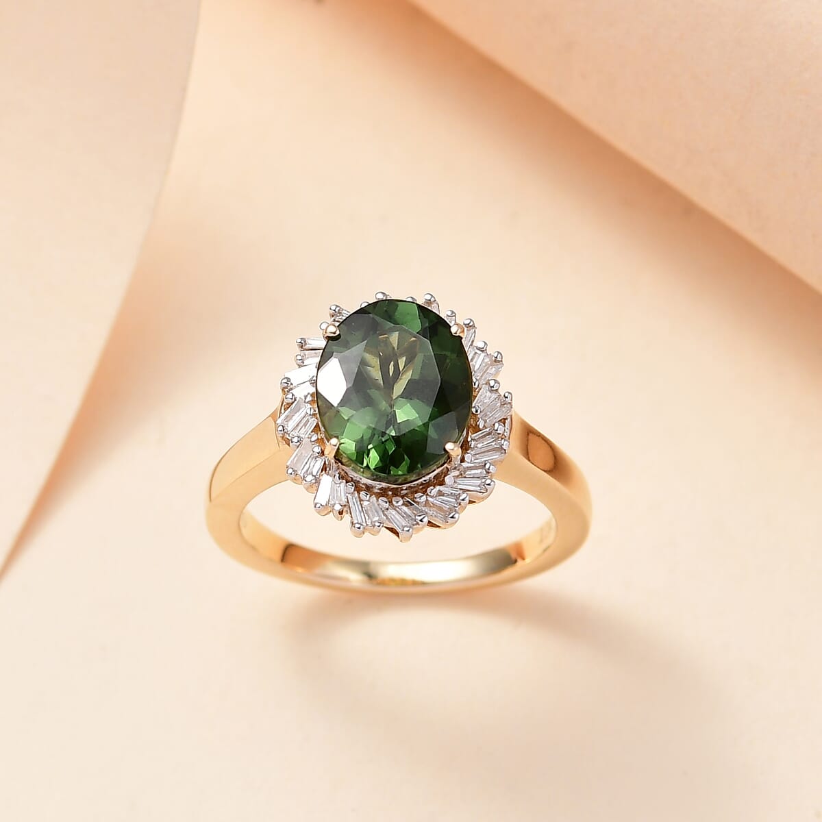 Luxoro Premium Madagascar Green Apatite and G-H I2 Diamond 3.15 ctw Verdant Blossom Ring in 10K Yellow Gold (Size 6.0) 4.30 Grams image number 1